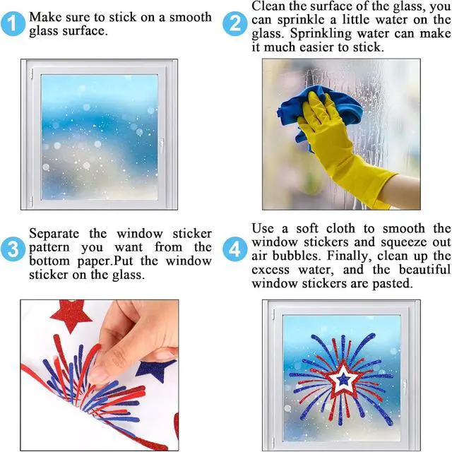 Alt view image 7 of 7 - Whaline 6 Sheets Patriotic Window Clings Glitter Happy 4th of July Reusable Window Decals Red Blue Star Firework Glass Sticker for 250th Anniversary Independence Day Memorial Day Home Party Decor