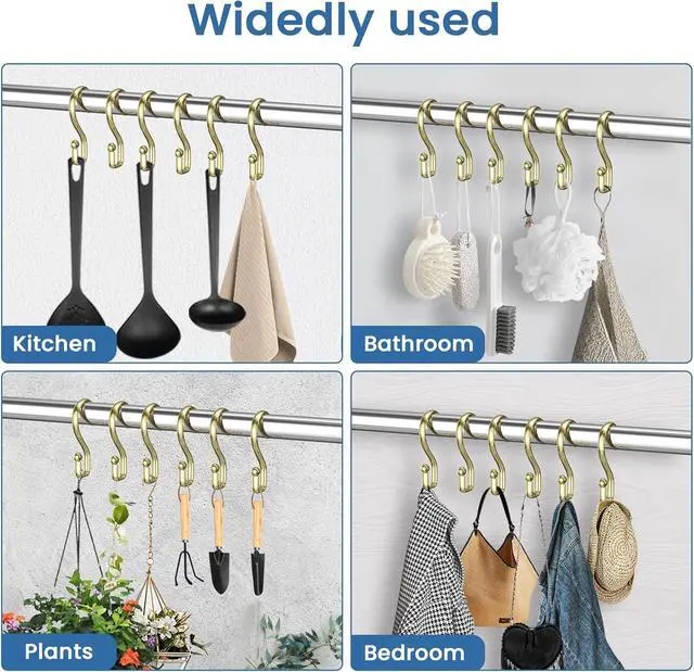 Alt view image 6 of 7 - Shower Curtain Hooks Rings, 12 Pcs S Shape Shower Curtain Hooks, Rust Proof Shower Curtain Rings, Shower Hooks for Shower Curtains, Kitchen Utensils, Clothing, Towels, Gold