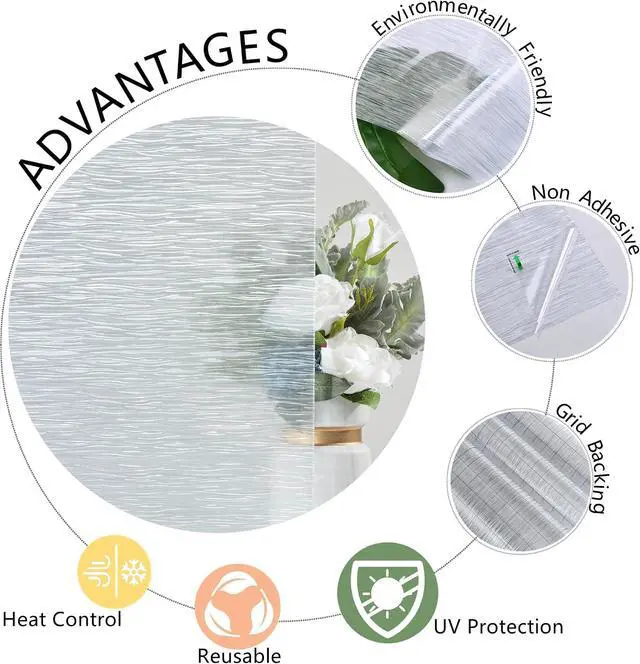 Alt view image 7 of 7 - VELIMAX Frosted Window Privacy Film Non Adhesive Window Cling Removable Glass Covering Clear Water Opaque Window Film for Home Anti UV 17.7x78.7 inches