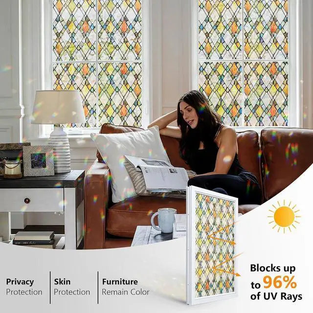 Alt view image 2 of 7 - Window Privacy Film Stained Glass 17.5" x 78.7" Rainbow | Static cling no glue, no residue. UV and heat blocking. Rainbow privacy for doors, windows, bathrs, with install tools