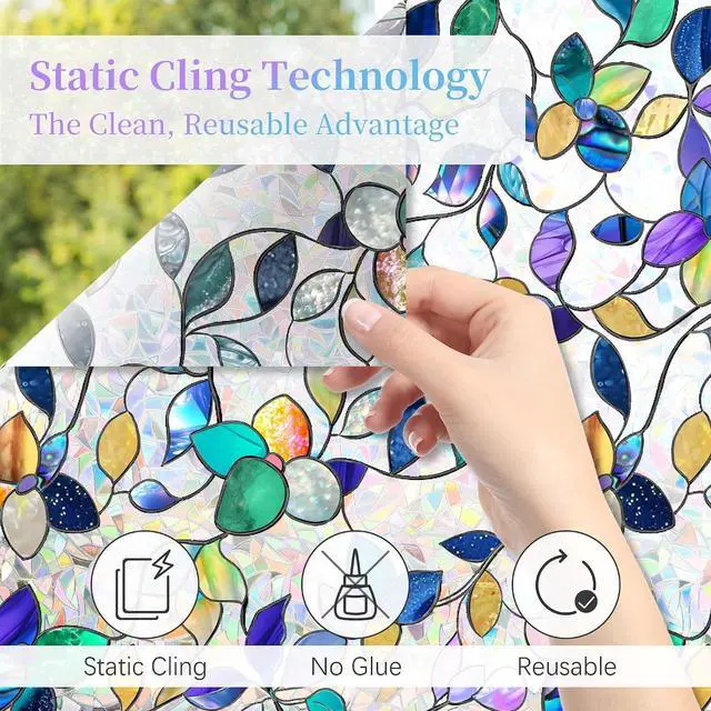 Alt view image 3 of 7 - Finnez Window Privacy Film, Stained Glass Rainbow, Colorful, 17.5" x 78.7" | Decorative Window Cling, Removable Static Cling No Glue, UV Block & Heat Control, Renter-Friendly for Home Office Doors