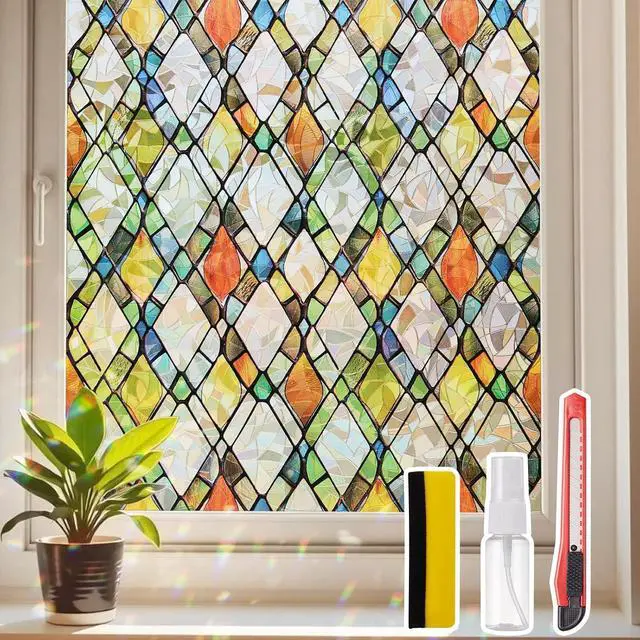 Main image of Window Privacy Film Stained Glass 17.5" x 78.7" Rainbow | Static cling no glue, no residue. UV and heat blocking. Rainbow privacy for doors, windows, bathrs, with install tools