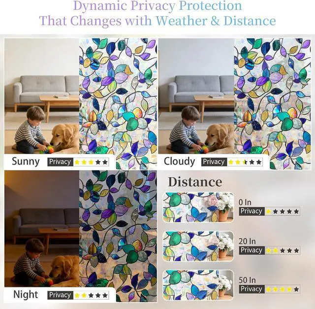 Alt view image 7 of 7 - Finnez Window Privacy Film, Stained Glass Rainbow, Colorful, 17.5" x 78.7" | Decorative Window Cling, Removable Static Cling No Glue, UV Block & Heat Control, Renter-Friendly for Home Office Doors