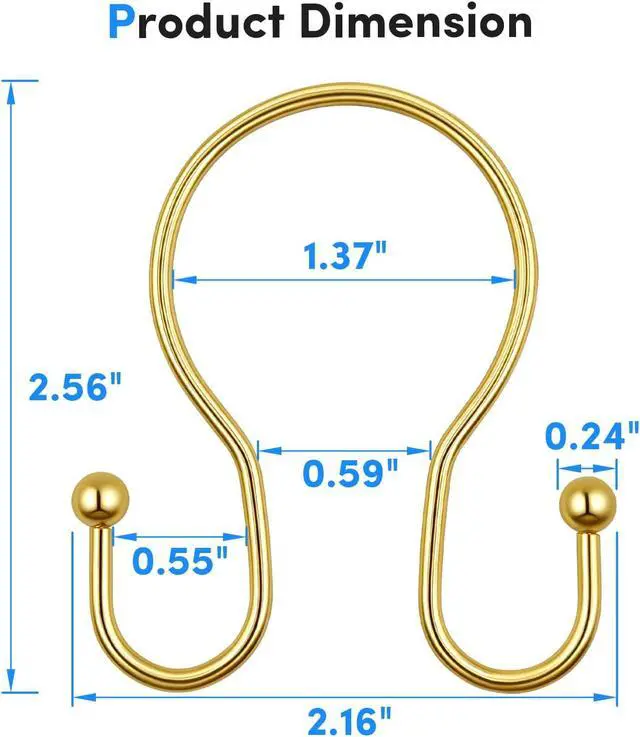 Alt view image 3 of 7 - Gold Shower Curtain Hooks Rings, ELWEY Double Shower Curtain Hooks Rust Proof, Metal Shower Curtain Hangers for Bathroom Shower Curtains Rods,Shower Rings for Curtain Double Sided, Set of 12, Gold