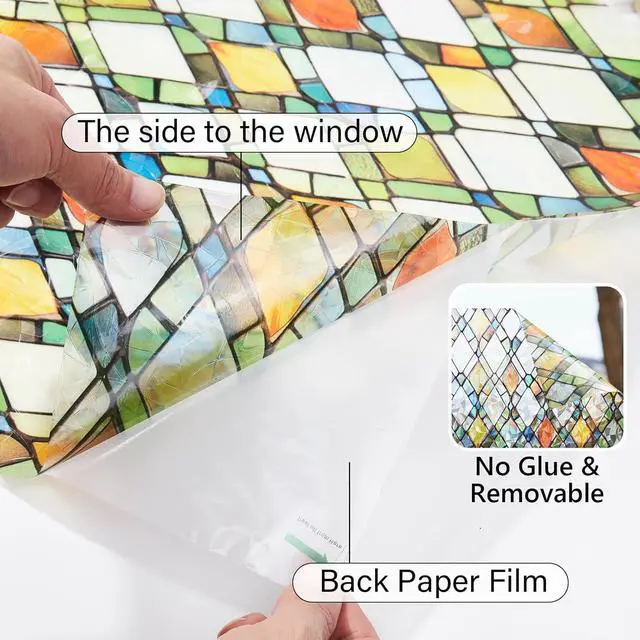 Alt view image 5 of 7 - Window Privacy Film Stained Glass 17.5" x 78.7" Rainbow | Static cling no glue, no residue. UV and heat blocking. Rainbow privacy for doors, windows, bathrs, with install tools