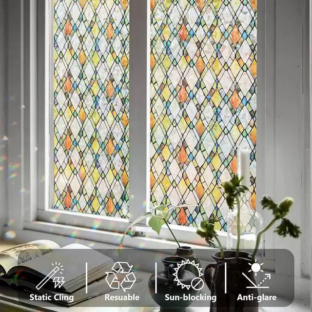 Alt view image 6 of 7 - Window Privacy Film Stained Glass 17.5" x 78.7" Rainbow | Static cling no glue, no residue. UV and heat blocking. Rainbow privacy for doors, windows, bathrs, with install tools