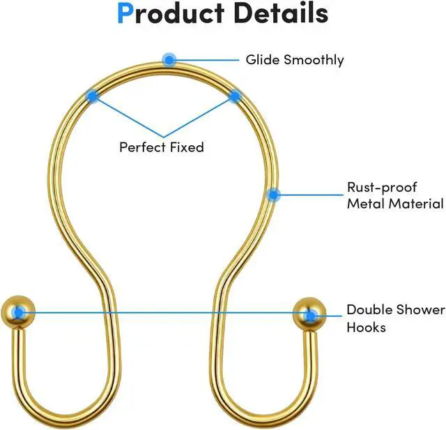 Alt view image 4 of 7 - Gold Shower Curtain Hooks Rings, ELWEY Double Shower Curtain Hooks Rust Proof, Metal Shower Curtain Hangers for Bathroom Shower Curtains Rods,Shower Rings for Curtain Double Sided, Set of 12, Gold