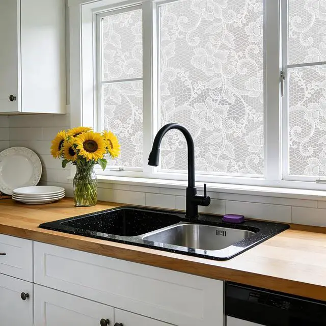 Alt view image 7 of 7 - NINETREX Window Privacy Film, Frosted White Lace Window Cling, 17.5"x78.7" | Stained Glass Design, Static Cling Removable, Sun Blocking, Decorative Tint, Privacy Decal, for Home Doors Office