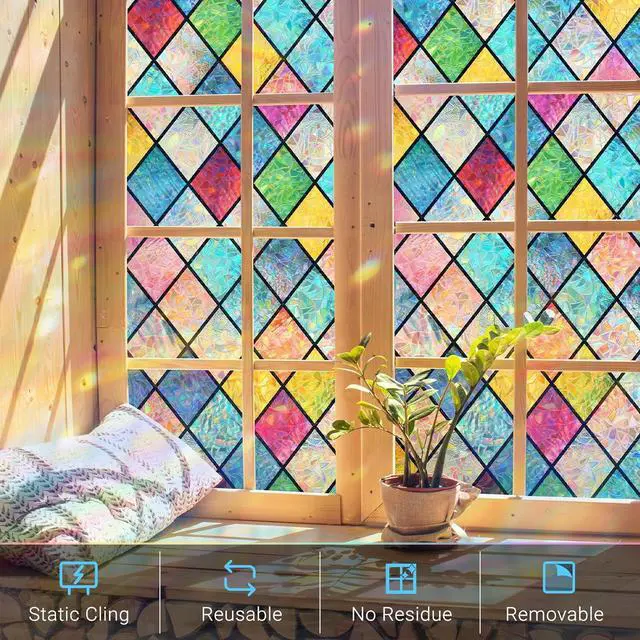 Alt view image 4 of 7 - Haton Stained Glass Winodw Film, Rainbow Lattice Stickers, 17.5" x 78.7" | 3D Colorful Decorative Window Cling, Static Cling Removable, Blocks UV & Heat, Privacy Decals for Home Door, No Glue