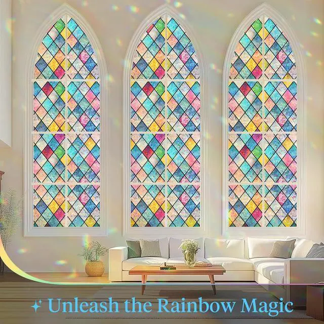 Alt view image 3 of 7 - Haton Stained Glass Winodw Film, Rainbow Lattice Stickers, 17.5" x 78.7" | 3D Colorful Decorative Window Cling, Static Cling Removable, Blocks UV & Heat, Privacy Decals for Home Door, No Glue