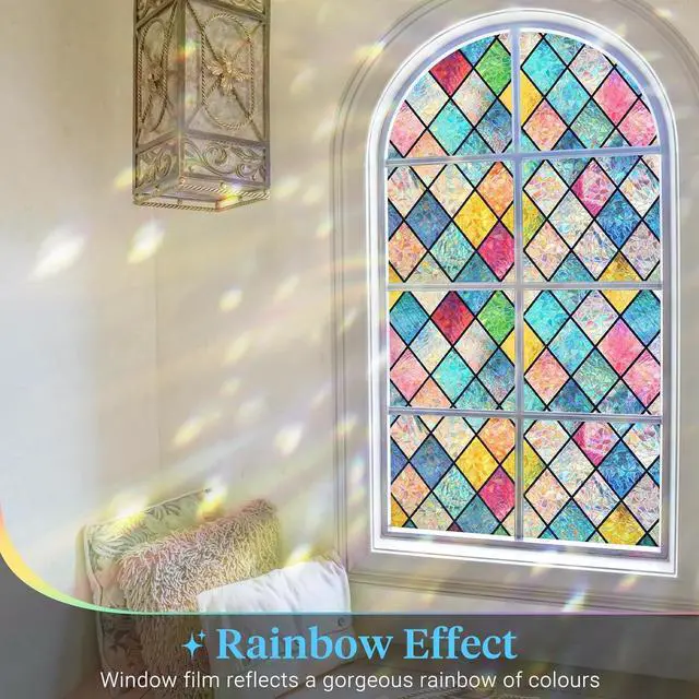 Alt view image 2 of 7 - Haton Stained Glass Winodw Film, Rainbow Lattice Stickers, 17.5" x 78.7" | 3D Colorful Decorative Window Cling, Static Cling Removable, Blocks UV & Heat, Privacy Decals for Home Door, No Glue