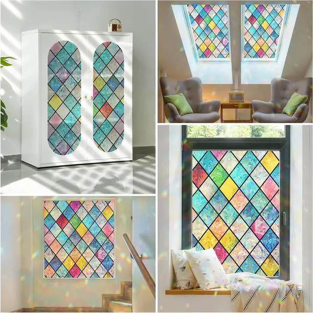 Alt view image 7 of 7 - Haton Stained Glass Winodw Film, Rainbow Lattice Stickers, 17.5" x 78.7" | 3D Colorful Decorative Window Cling, Static Cling Removable, Blocks UV & Heat, Privacy Decals for Home Door, No Glue