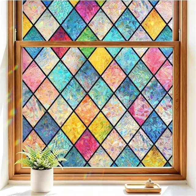 Main image of Haton Stained Glass Winodw Film, Rainbow Lattice Stickers, 17.5" x 78.7" | 3D Colorful Decorative Window Cling, Static Cling Removable, Blocks UV & Heat, Privacy Decals for Home Door, No Glue
