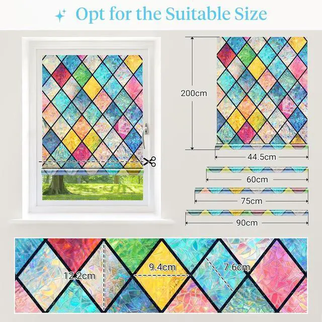 Alt view image 5 of 7 - Haton Stained Glass Winodw Film, Rainbow Lattice Stickers, 17.5" x 78.7" | 3D Colorful Decorative Window Cling, Static Cling Removable, Blocks UV & Heat, Privacy Decals for Home Door, No Glue