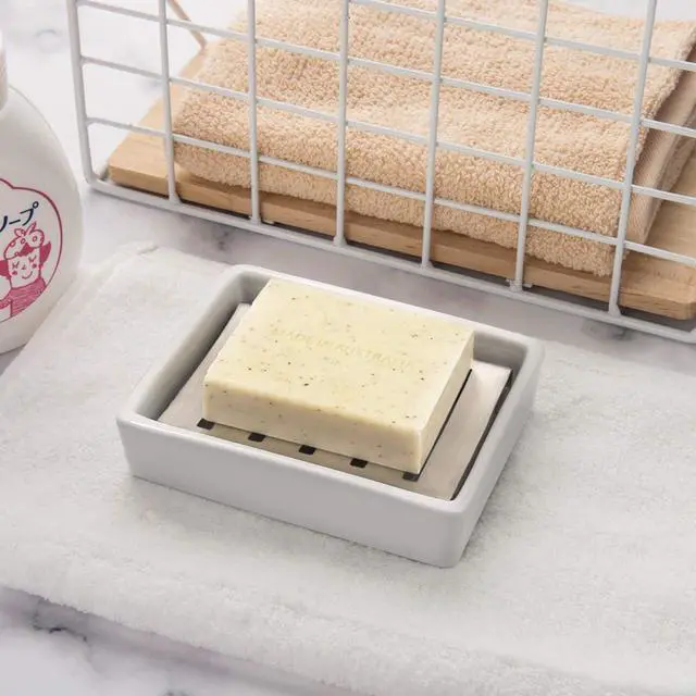 Alt view image 3 of 7 - TOPSKY Ceramic Soap Dish Holder Stainless Steel for Bathroom, Double Layer, Self-draining Soap Tray, Say No to Mushy Soap, Easy Cleaning. (White)