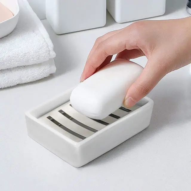 Alt view image 4 of 7 - TOPSKY Ceramic Soap Dish Holder Stainless Steel for Bathroom, Double Layer, Self-draining Soap Tray, Say No to Mushy Soap, Easy Cleaning. (White)