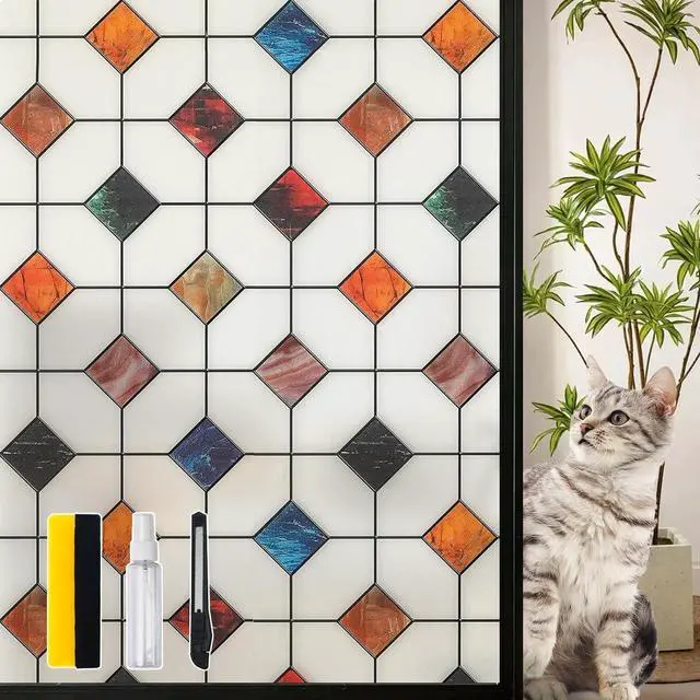 Main image of DKTIE Stained Glass Window Film Geometric Patterns Frosted Window Clings | Waterproof for Bathroom Window Privacy Film Day and Night (S533, 17.7in X 78.7in)