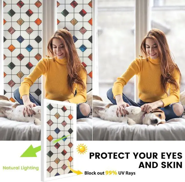 Alt view image 3 of 7 - DKTIE Stained Glass Window Film Geometric Patterns Frosted Window Clings | Waterproof for Bathroom Window Privacy Film Day and Night (S533, 17.7in X 78.7in)