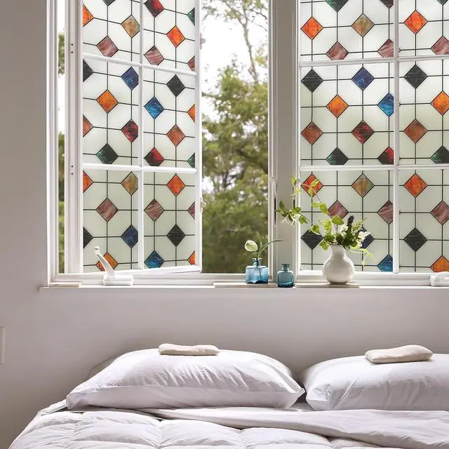 Alt view image 4 of 7 - DKTIE Stained Glass Window Film Geometric Patterns Frosted Window Clings | Waterproof for Bathroom Window Privacy Film Day and Night (S533, 17.7in X 78.7in)