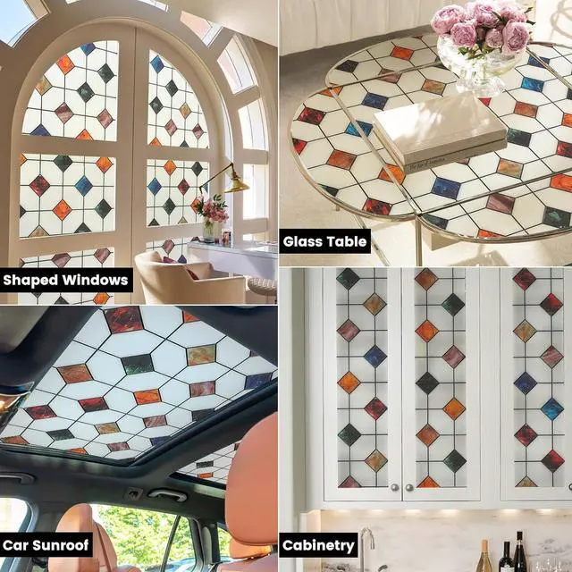 Alt view image 5 of 7 - DKTIE Stained Glass Window Film Geometric Patterns Frosted Window Clings | Waterproof for Bathroom Window Privacy Film Day and Night (S533, 17.7in X 78.7in)