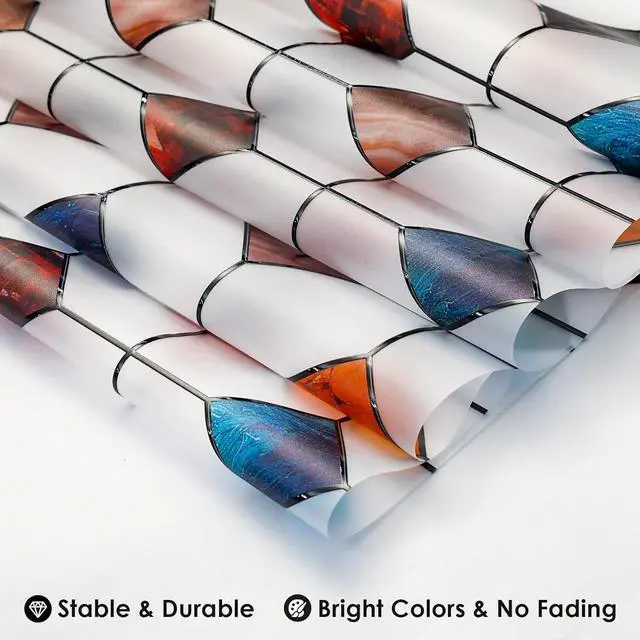 Alt view image 7 of 7 - DKTIE Stained Glass Window Film Geometric Patterns Frosted Window Clings | Waterproof for Bathroom Window Privacy Film Day and Night (S533, 17.7in X 78.7in)