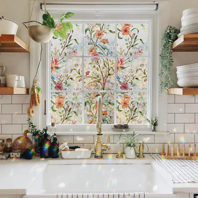 Alt view image 5 of 7 - Ranzdn Window Privacy Film, Stained Glass Static Cling, 17.5" x 78.7" | No glue static cling: Apply with water, zero residue. Blocks UV rays, reduces heat. Rainbow semi-privacy for windows, doors.