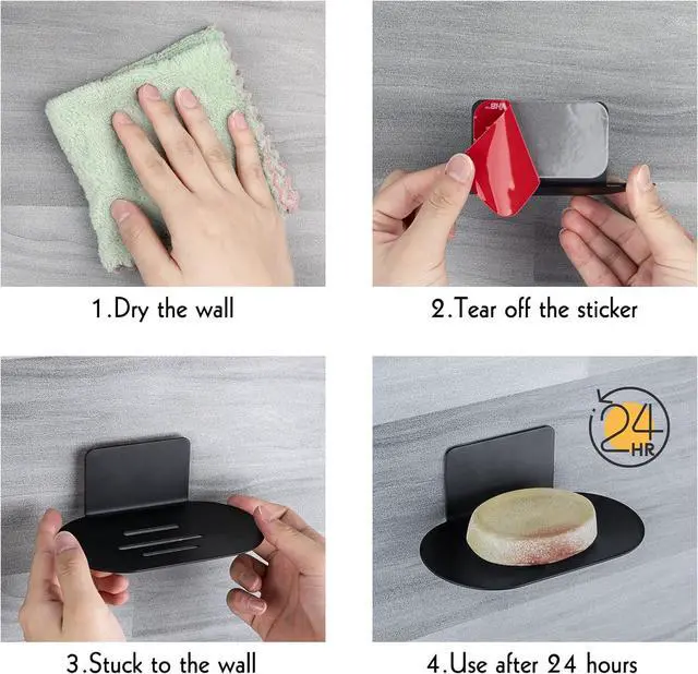 Alt view image 5 of 6 - Stainless Steel Soap Tray, 3 Slot Self-Adhesive Wall Mounted Shower Soap Stand (Black)