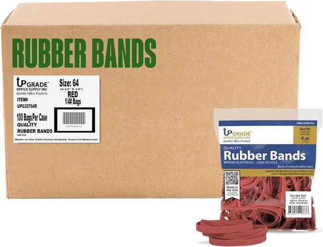 Alt view image 7 of 7 - Upgrade Office Supply Rubber Bands, Size 64, Red, 3 1/2 x 1/4 in, 1/4 lb Bag, 80 Count, USA