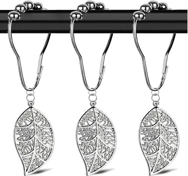 Main image of Shower Curtain Hooks Rings12pack, Silver Leaves Decorative Alloy Pendants, Rust Proof Stainless Steel Hooks for Bathroom Rod, Anti-Corrosion Hanger, Nickle Brushed Heavy Duty Roller