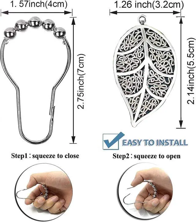 Alt view image 2 of 7 - Shower Curtain Hooks Rings12pack, Silver Leaves Decorative Alloy Pendants, Rust Proof Stainless Steel Hooks for Bathroom Rod, Anti-Corrosion Hanger, Nickle Brushed Heavy Duty Roller