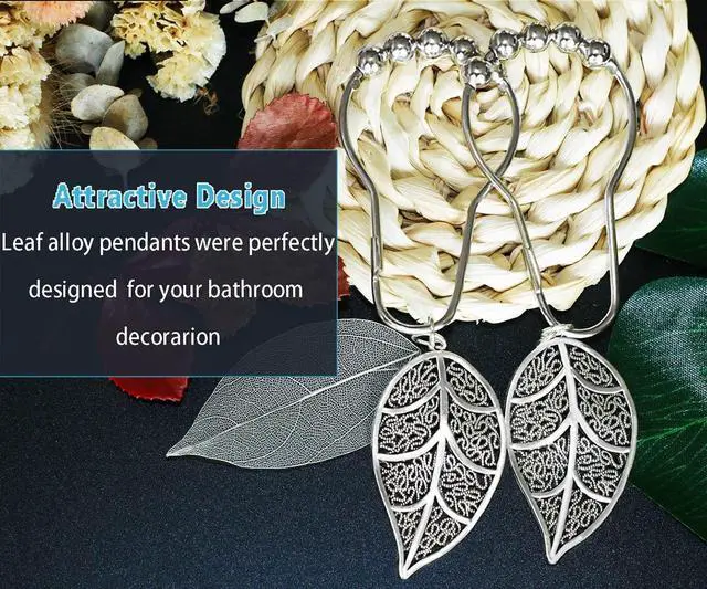 Alt view image 5 of 7 - Shower Curtain Hooks Rings12pack, Silver Leaves Decorative Alloy Pendants, Rust Proof Stainless Steel Hooks for Bathroom Rod, Anti-Corrosion Hanger, Nickle Brushed Heavy Duty Roller