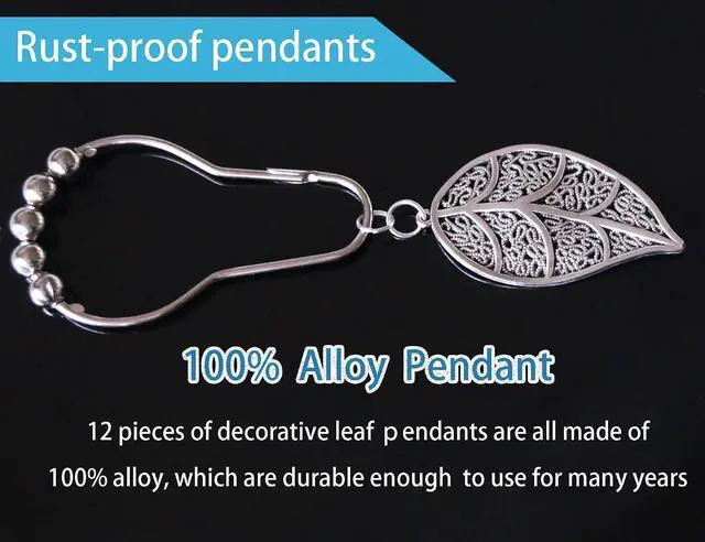 Alt view image 4 of 7 - Shower Curtain Hooks Rings12pack, Silver Leaves Decorative Alloy Pendants, Rust Proof Stainless Steel Hooks for Bathroom Rod, Anti-Corrosion Hanger, Nickle Brushed Heavy Duty Roller