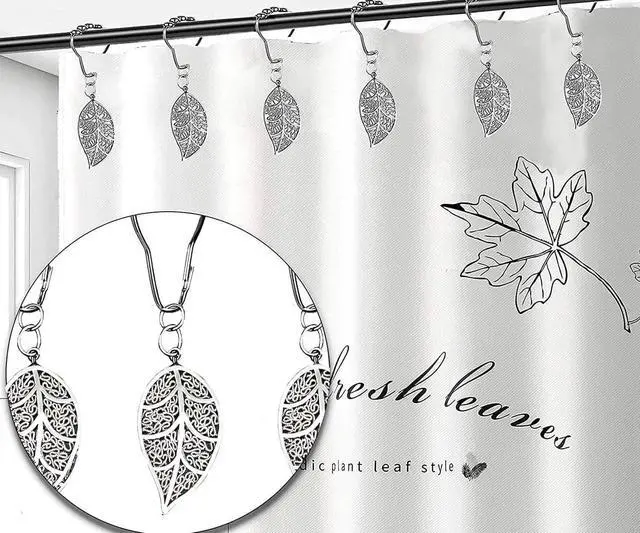 Alt view image 7 of 7 - Shower Curtain Hooks Rings12pack, Silver Leaves Decorative Alloy Pendants, Rust Proof Stainless Steel Hooks for Bathroom Rod, Anti-Corrosion Hanger, Nickle Brushed Heavy Duty Roller