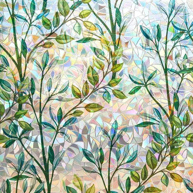 Main image of Finnez Window Privacy Film Stained Glass, Static Cling, Leaf 17.5 x 78.7 | 3D Rainbow Decorative Covering, No Glue Heat Control & UV Blocking, Colorful Decals Reusable Frosted Sticker for Home Door