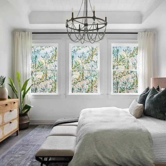 Alt view image 3 of 6 - Finnez Window Privacy Film Stained Glass, Static Cling, Leaf 17.5 x 78.7 | 3D Rainbow Decorative Covering, No Glue Heat Control & UV Blocking, Colorful Decals Reusable Frosted Sticker for Home Door
