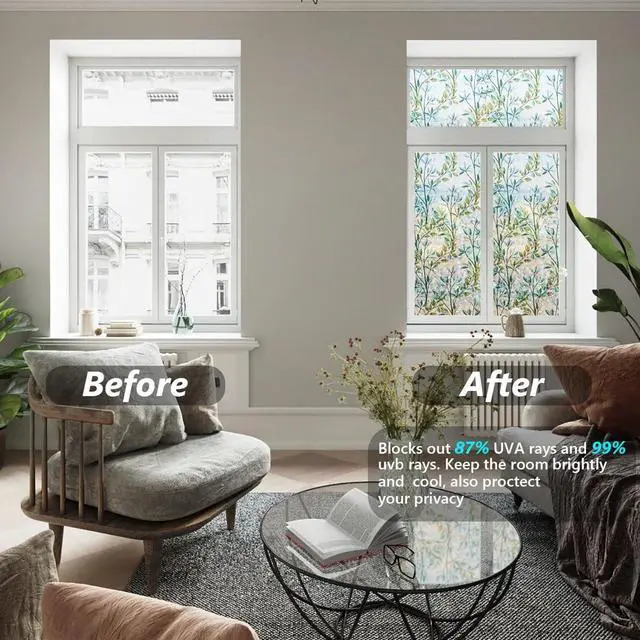 Alt view image 4 of 6 - Finnez Window Privacy Film Stained Glass, Static Cling, Leaf 17.5 x 78.7 | 3D Rainbow Decorative Covering, No Glue Heat Control & UV Blocking, Colorful Decals Reusable Frosted Sticker for Home Door