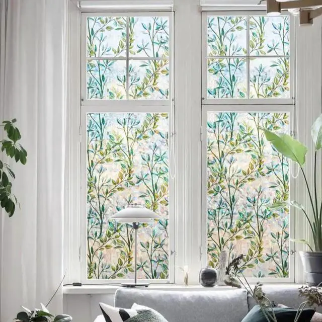 Alt view image 2 of 6 - Finnez Window Privacy Film Stained Glass, Static Cling, Leaf 17.5 x 78.7 | 3D Rainbow Decorative Covering, No Glue Heat Control & UV Blocking, Colorful Decals Reusable Frosted Sticker for Home Door