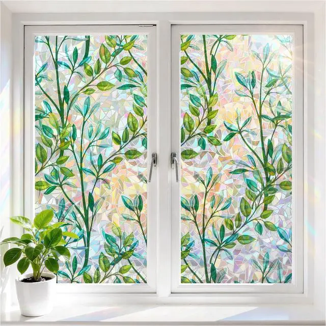 Main image of rabbitgoo Stained Glass Window Privacy Film, Rainbow Leaf, 17.5" x 78.7" | Decorative 3D Rainbow Prism Sticker, Static Cling Colorful Decals, UV Blocking Non-Adhesive Coverings for Home Door Bathroom