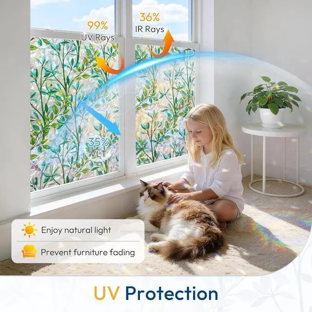 Alt view image 3 of 7 - rabbitgoo Stained Glass Window Privacy Film, Rainbow Leaf, 17.5" x 78.7" | Decorative 3D Rainbow Prism Sticker, Static Cling Colorful Decals, UV Blocking Non-Adhesive Coverings for Home Door Bathroom