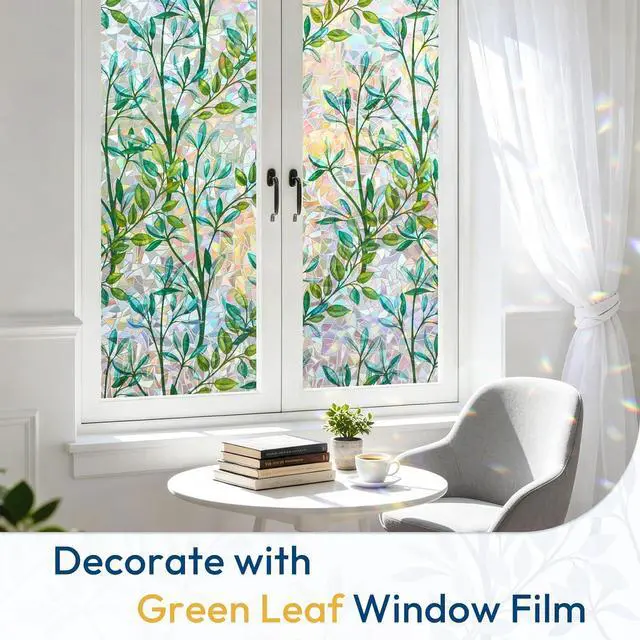 Alt view image 2 of 7 - rabbitgoo Stained Glass Window Privacy Film, Rainbow Leaf, 17.5" x 78.7" | Decorative 3D Rainbow Prism Sticker, Static Cling Colorful Decals, UV Blocking Non-Adhesive Coverings for Home Door Bathroom