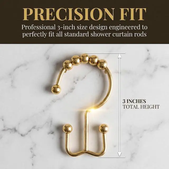 Alt view image 3 of 7 - Shower Curtain Hooks Rings, Rust Resistant Metal Hangers Double Glide Bathroom Accessories for Rods Curtains, 12 PCS, Gold