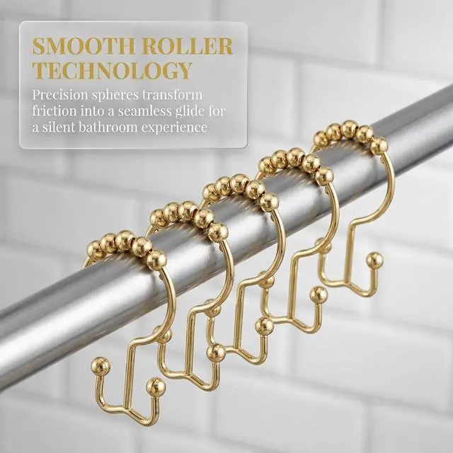 Alt view image 5 of 7 - Shower Curtain Hooks Rings, Rust Resistant Metal Hangers Double Glide Bathroom Accessories for Rods Curtains, 12 PCS, Gold