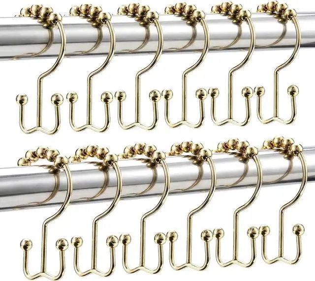 Main image of Shower Curtain Hooks Rings, Rust Resistant Metal Hangers Double Glide Bathroom Accessories for Rods Curtains, 12 PCS, Gold