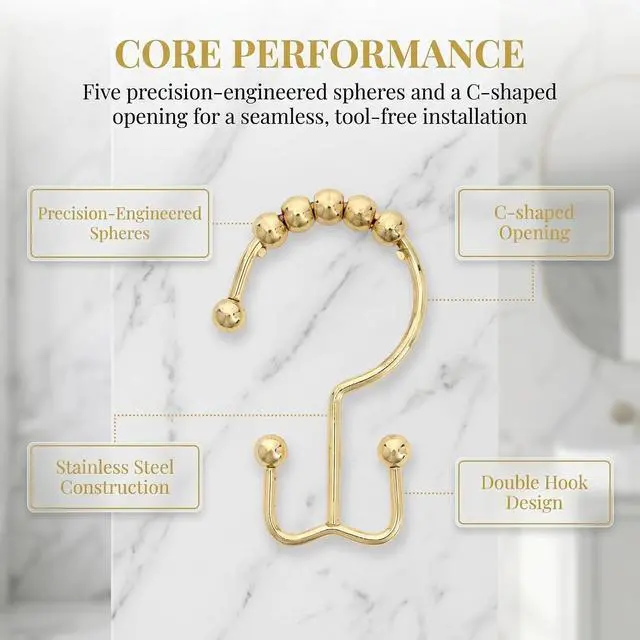 Alt view image 2 of 7 - Shower Curtain Hooks Rings, Rust Resistant Metal Hangers Double Glide Bathroom Accessories for Rods Curtains, 12 PCS, Gold