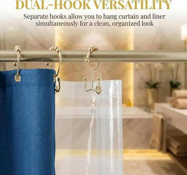 Alt view image 4 of 7 - Shower Curtain Hooks Rings, Rust Resistant Metal Hangers Double Glide Bathroom Accessories for Rods Curtains, 12 PCS, Gold