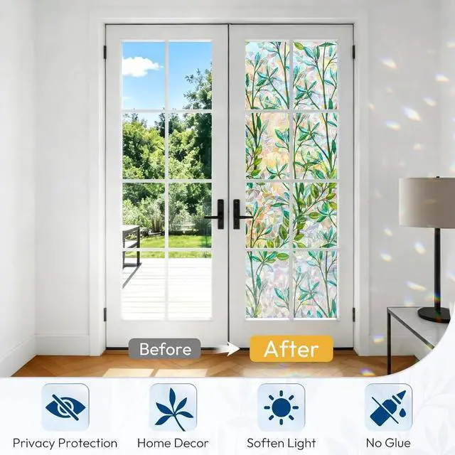 Alt view image 4 of 7 - rabbitgoo Stained Glass Window Privacy Film, Rainbow Leaf, 17.5" x 78.7" | Decorative 3D Rainbow Prism Sticker, Static Cling Colorful Decals, UV Blocking Non-Adhesive Coverings for Home Door Bathroom