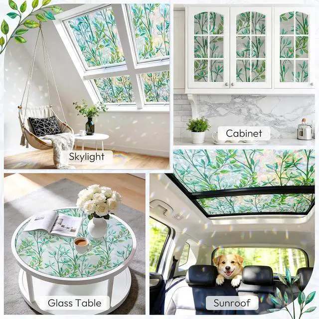 Alt view image 6 of 7 - rabbitgoo Stained Glass Window Privacy Film, Rainbow Leaf, 17.5" x 78.7" | Decorative 3D Rainbow Prism Sticker, Static Cling Colorful Decals, UV Blocking Non-Adhesive Coverings for Home Door Bathroom