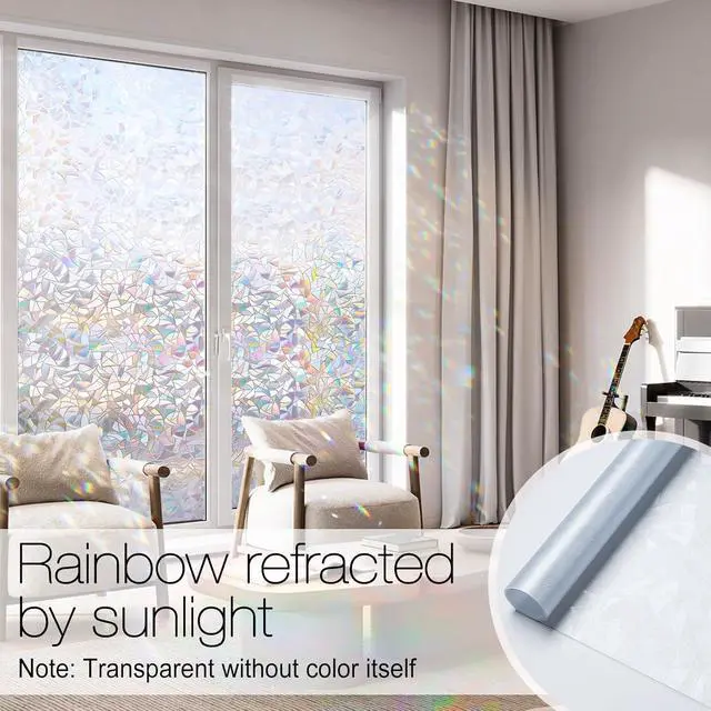 Alt view image 2 of 7 - rabbitgoo Rainbow Window Privacy Film, Stained Glass Cling, 17.5" x 78.7" | Decorative Static Sticker, Non-Adhesive Reusable Window Tint, Heat Control UV Blocking Coverings for Home Doors, Living Room