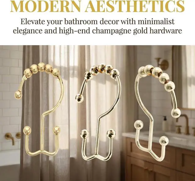 Alt view image 6 of 7 - Shower Curtain Hooks Rings, Rust Resistant Metal Hangers Double Glide Bathroom Accessories for Rods Curtains, 12 PCS, Gold