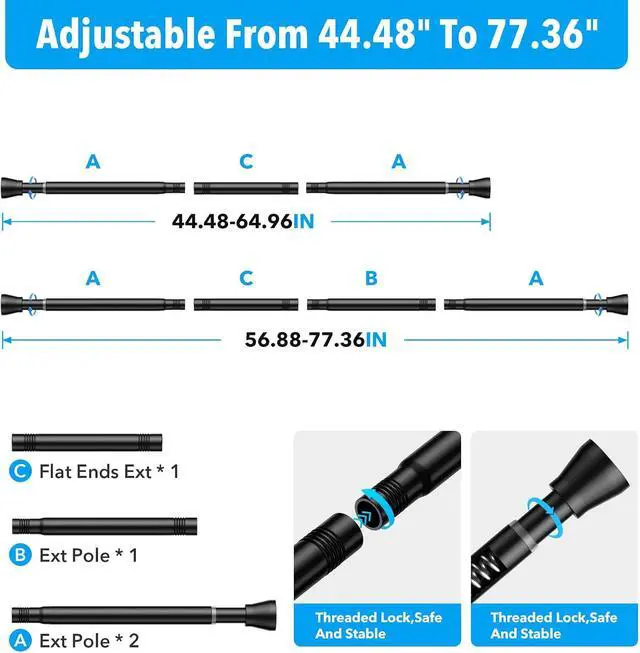 Alt view image 5 of 7 - Tension Curtain Rod 40 to 73 inches 1PCS,Shower Curtain Rods No Drilling | Black Expandable Rods Adjustable Curtain Rods for Window, Wardrobe, Doorway, Kitchen